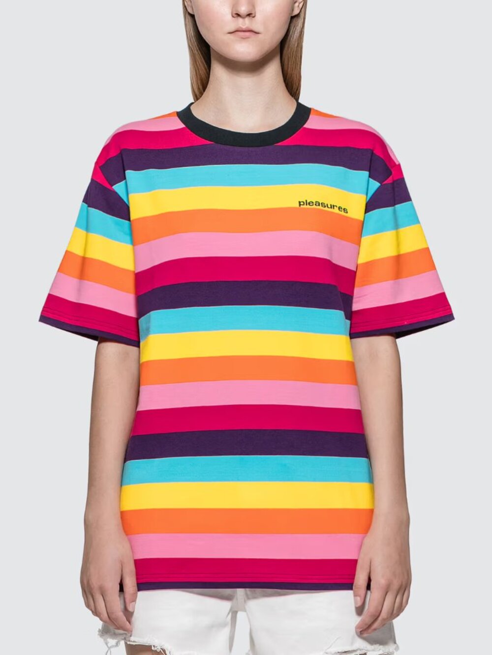 PLEASURES NOW Sz M Rainbow Inbox Striped Short Sleeve Stretch Ringer Shirt • EX‼